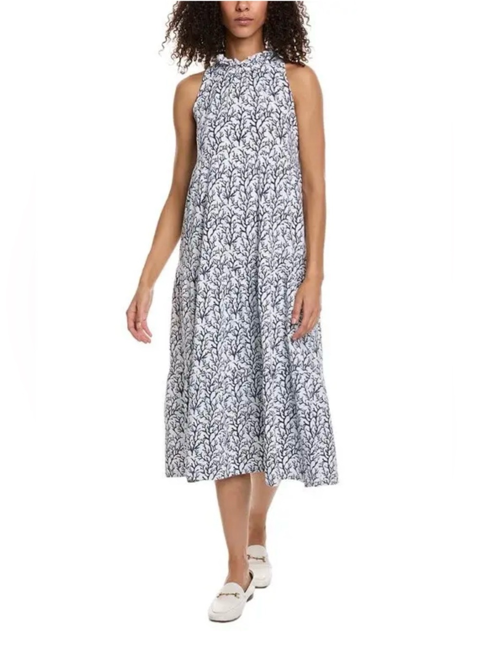 Duffield Lane White & Navy Coral Print Cotton Midi Dress